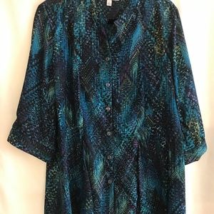 Southern Lady 3/4 Length Sleeve Blue Print Tunic